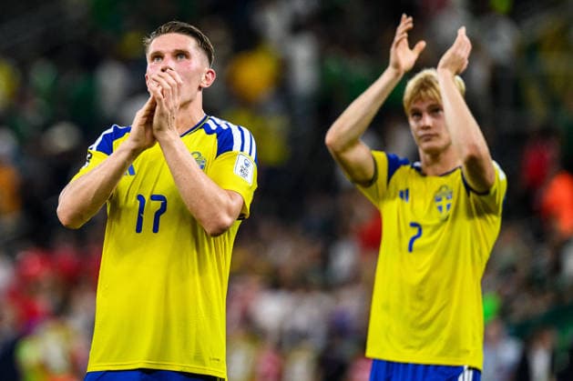260614 Viktor Gyökeres and Lucas Bergvall of Sweden celebrate after the FIFA World Cup, WM, Weltmeisterschaft, Fussball 2026 football match between Sweden and Tunisia on June 14, 2026 in Monterrey. Photo: Joel Marklund BILDBYRAN kod JM PA1234 bbeng fotboll football soccer fotball vm fotbolls-vm fotball-vm fotbolls-vm 2026 fifa world cup 2026 sverige sweden sverige a tunisien tunisia jubel