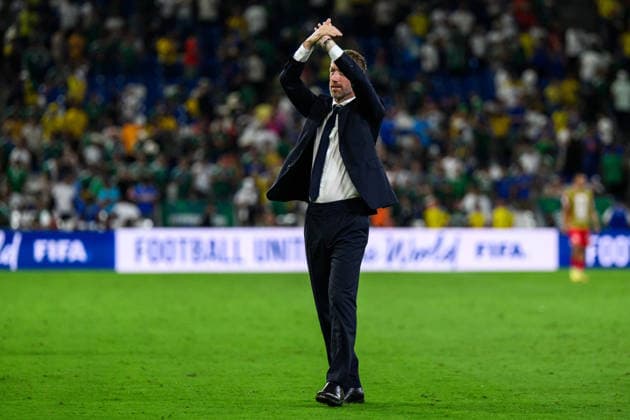 260614 Head coach Graham Potter of Sweden celebrates after the FIFA World Cup, WM, Weltmeisterschaft, Fussball 2026 football match between Sweden and Tunisia on June 14, 2026 in Monterrey. Photo: Joel Marklund BILDBYRAN kod JM PA1234 bbeng fotboll football soccer fotball vm fotbolls-vm fotball-vm fotbolls-vm 2026 fifa world cup 2026 sverige sweden sverige a tunisien tunisia jubel