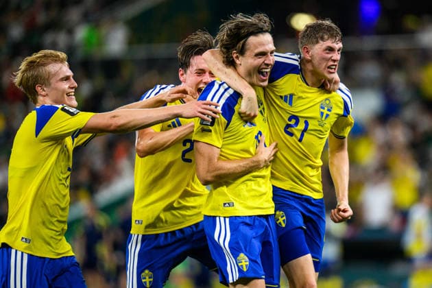 260614 Lucas Bergvall, Elliot Stroud, Mattias Svanberg and Alexander Bernhardsson of Sweden celebrate after 4-1 during the FIFA World Cup, WM, Weltmeisterschaft, Fussball 2026 football match between Sweden and Tunisia on June 14, 2026 in Monterrey. Photo: Joel Marklund BILDBYRAN kod JM PA1234 bbeng fotboll football soccer fotball vm fotbolls-vm fotball-vm fotbolls-vm 2026 fifa world cup 2026 sverige sweden sverige a tunisien tunisia jubel