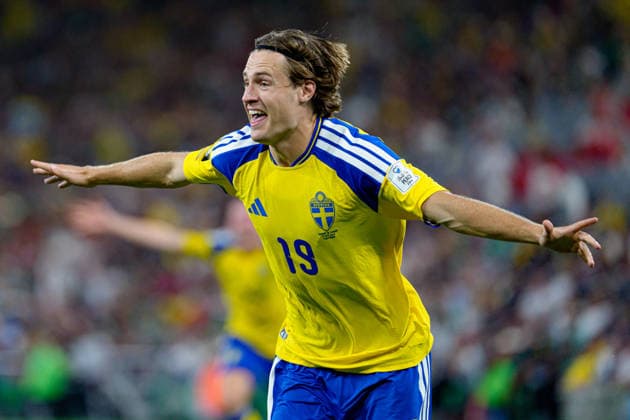 Mattias Svanberg seen celebrating after scoring goal during FIFA World Cup, WM, Weltmeisterschaft, Fussball 2026 game between national teams of Sweden and Tunisia (Alejandro Espino Ball Raw Images) Monterrey Monterrey Stadium Mexico Copyright: xAlejandroxEspinox alejandroespino_sweden_tunisia_2526_4-4