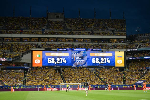 Fußball, WM 2026, 20260614, Elfenbeinküste - Ecuador. Im Bild Anzeigetafel Leinwand Videowall Videowand Zuschauerzahl 68274 Zuschauer. Philadelphia Philadelphia Stadium Pennsylvania Vereinigte Staaten von Amerika