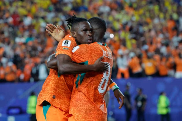 FIFA World Cup, WM, Weltmeisterschaft, Fussball - Ecuador v Ivory Coast Ivory Coast’s players’s joy after Amad Diallo scored the decisive 1-0 winning goal during the Soccer World Cup USA 2026 Group E first round game, Ecuador vs Ivory Coast in Lincoln Financial Field, Philadelphia, USA on June 14th 2026. Photo by Henri Szwarc ABACAPRESS.COM Philadelphia United States  Copyright: xSzwarcxHenri ABACAx