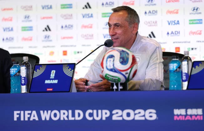 (260615) -- MIAMI, June 15, 2026 -- Donis Georgios, head coach of Saudi Arabia attends a press conference, PK, Pressekonferenz ahead of Group H match between Saudi Arabia and Uruguay at the FIFA World Cup, WM, Weltmeisterschaft, Fussball 2026 at Miami Stadium, Miami, the United States, June 14, 2026. ) (SP)U.S.-MIAMI-FOOTBALL-FIFA WORLD CUP-PRESS CONFERENCE-SAUDI ARABIA ZhangxChen 