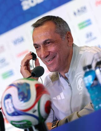(260615) -- MIAMI, June 15, 2026 -- Donis Georgios, head coach of Saudi Arabia attends a press conference, PK, Pressekonferenz ahead of Group H match between Saudi Arabia and Uruguay at the FIFA World Cup, WM, Weltmeisterschaft, Fussball 2026 at Miami Stadium, Miami, the United States, June 14, 2026. ) (SP)U.S.-MIAMI-FOOTBALL-FIFA WORLD CUP-PRESS CONFERENCE-SAUDI ARABIA ZhangxChen 