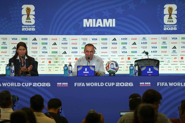 (260615) -- MIAMI, June 15, 2026 -- Donis Georgios (R), head coach of Saudi Arabia attends a press conference, PK, Pressekonferenz ahead of Group H match between Saudi Arabia and Uruguay at the FIFA World Cup, WM, Weltmeisterschaft, Fussball 2026 at Miami Stadium, Miami, the United States, June 14, 2026. ) (SP)U.S.-MIAMI-FOOTBALL-FIFA WORLD CUP-PRESS CONFERENCE-SAUDI ARABIA XuxZijian 
