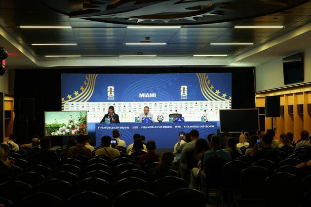 (260615) -- MIAMI, June 15, 2026 -- Donis Georgios (R, top), head coach of Saudi Arabia attends a press conference, PK, Pressekonferenz ahead of Group H match between Saudi Arabia and Uruguay at the FIFA World Cup, WM, Weltmeisterschaft, Fussball 2026 at Miami Stadium, Miami, the United States, June 14, 2026. ) (SP)U.S.-MIAMI-FOOTBALL-FIFA WORLD CUP-PRESS CONFERENCE-SAUDI ARABIA XuxZijian 