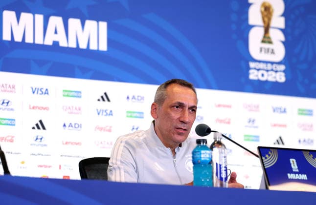 (260615) -- MIAMI, June 15, 2026 -- Donis Georgios, head coach of Saudi Arabia attends a press conference, PK, Pressekonferenz ahead of Group H match between Saudi Arabia and Uruguay at the FIFA World Cup, WM, Weltmeisterschaft, Fussball 2026 at Miami Stadium, Miami, the United States, June 14, 2026. ) (SP)U.S.-MIAMI-FOOTBALL-FIFA WORLD CUP-PRESS CONFERENCE-SAUDI ARABIA ZhangxChen 