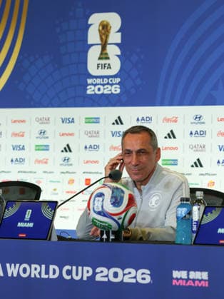 (260615) -- MIAMI, June 15, 2026 -- Donis Georgios, head coach of Saudi Arabia attends a press conference, PK, Pressekonferenz ahead of Group H match between Saudi Arabia and Uruguay at the FIFA World Cup, WM, Weltmeisterschaft, Fussball 2026 at Miami Stadium, Miami, the United States, June 14, 2026. ) (SP)U.S.-MIAMI-FOOTBALL-FIFA WORLD CUP-PRESS CONFERENCE-SAUDI ARABIA XuxZijian 
