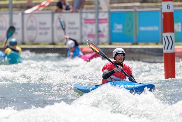 Ricarda Funk (GER) bei ICF CANOE SLALOM WORLD CUP, Kanusport, Frauen, Kayak Cross, 2026, am 14.06.2026 in Augsburg, Eiskanal. Bayern Deutschland