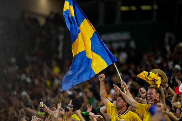 June 14, 2026, Monterrey, Monterrey, Mexico: Fans of Sweden celebrate with a flag after winning the during the FIFA World Cup, WM, Weltmeisterschaft, Fussball 2026 match between Sweden and Tunisia. Sweden hosted Tunisia at Monterrey Stadium on June 14, 2026 in Monterrey, Mexico Soccer 2026: Swedeb 5:1 Tunisia - FIFA World Cup 2026  - ZUMAf196 20260614_zsp_f196_018 Copyright: xMartinxFonsecax