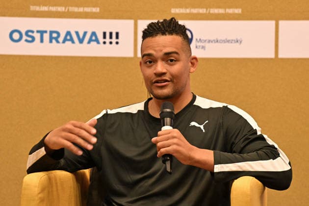 Greek pole vaulter Emmanuil Karalis (Manolo) speaks during the press conference, PK, Pressekonferenz prior to the Golden Spike Ostrava 2026 - World Athletics Continental Tour Gold, in Ostrava, Czech Republic, June 15, 2026. (CTKxPhoto JaroslavxOzana) CTKPhotoP2026061505989  CTKPhotoP2026061505989