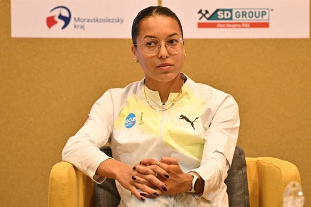 Swiss track and field athlete Audrey Werro speaks during the press conference, PK, Pressekonferenz prior to the Golden Spike Ostrava 2026 - World Athletics Continental Tour Gold, in Ostrava, Czech Republic, June 15, 2026. (CTKxPhoto JaroslavxOzana) CTKPhotoP2026061506001  CTKPhotoP2026061506001