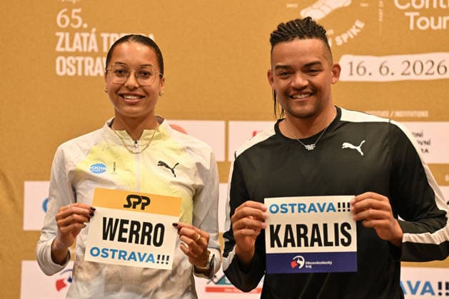 From left Swiss track and field athlete Audrey Werro and Emmanuil Karalis (Manolo Karalis), Greek pole vaulter pose for photographer during the press conference, PK, Pressekonferenz prior to the Golden Spike Ostrava 2026 - World Athletics Continental Tour Gold, in Ostrava, Czech Republic, June 15, 2026. (CTKxPhoto JaroslavxOzana) CTKPhotoP2026061506024  CTKPhotoP2026061506024