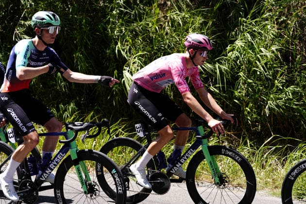 The pink jersey Norway s Kasper Haugland of Decathlon CMA CGM Development Team during Stage 2 of the Giro Next Gen 2026, from Tropea to Crotone, Italy, Monday, June 15, 2026.  Copyright: xFabioxFerrari LaPressex