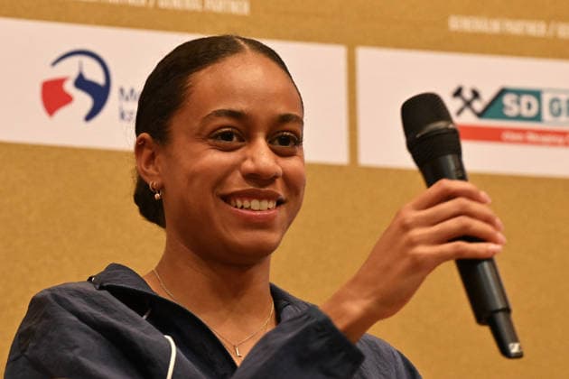 Czech sprinter Lourdes Gloria Manuel speaks during the press conference, PK, Pressekonferenz prior to the Golden Spike Ostrava 2026 - World Athletics Continental Tour Gold, in Ostrava, Czech Republic, June 15, 2026. (CTKxPhoto JaroslavxOzana) CTKPhotoP2026061506445  CTKPhotoP2026061506445