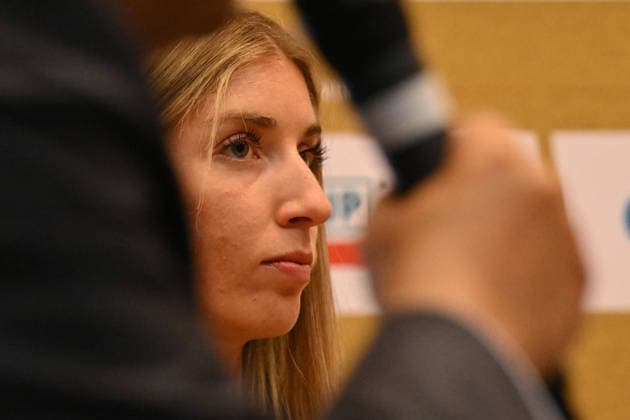 Slovak athlete Emma Zapletalova speaks during the press conference, PK, Pressekonferenz prior to the Golden Spike Ostrava 2026 - World Athletics Continental Tour Gold, in Ostrava, Czech Republic, June 15, 2026. (CTKxPhoto JaroslavxOzana) CTKPhotoP2026061506491  CTKPhotoP2026061506491