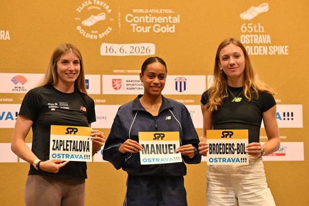 Slovak athlete Emma Zapletalova, Czech Lourdes Gloria Manuel, Femke Broeders-Bol of Netherlands pose for photographers during the press conference, PK, Pressekonferenz prior to the Golden Spike Ostrava 2026 - World Athletics Continental Tour Gold, in Ostrava, Czech Republic, June 15, 2026. (CTKxPhoto JaroslavxOzana) CTKPhotoP2026061506507  CTKPhotoP2026061506507