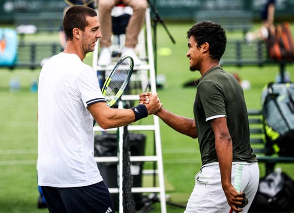 ATP, Tennis Herren Men s Tournament, Elm Park Golf & Sports Club, Dublin 15 6 2026 2nd Round Qualifying Ammar Elamin vs Thanasi Kokkinakis Thanasi Kokkinakis of Australia and Ammar Elamin of Ireland shake hands after the match Thanasi Kokkinakis and Ammar Elamin shake hands after the match15 6 2026  Copyright: x INPHO TomxMaherx RDR_5163
