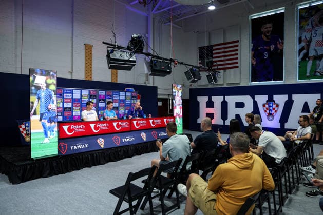 Croatia Training And press conference, PK, Pressekonferenz - FIFA World Cup, WM, Weltmeisterschaft, Fussball 2026 Ante Budimir and Nikola of Croatia speak to the media during a press conference of Croatia National Football Team at training centre at Episcopal High School on June 15, 2026 in Alexandria, Virginia.  IgorxKralj PIXSELL