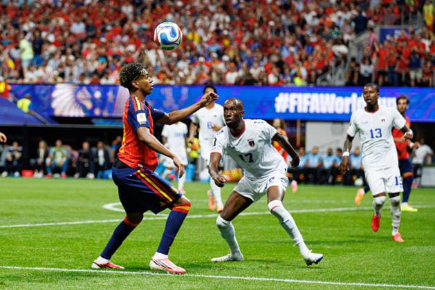 Lamine Yamal and Willy Semedo seen during FIFA World Cup, WM, Weltmeisterschaft, Fussball 2026 game between national teams of Spain and Cabo Verde (Grzegorz Wajda Ball Raw Images) Atlanta Monterrey Stadium USA Copyright: xGrzegorzxWajdax grzegorzwajda_spain_caboverde_2526_2-4