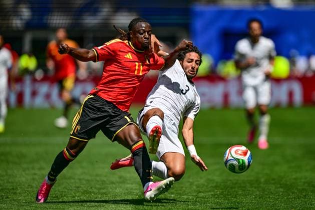 Belgium s Jeremy Doku and Egypt s Mohamed Hany fight for the ball during a soccer game between Belgian national team, Nationalteam Red Devils and Egypt, on Monday 15 June 2026 in Seattle, the first game in the group stage of the FIFA World Cup, WM, Weltmeisterschaft, Fussball 2026 in the United States of America. The Diables Rouges - Rode Duivels were drawn into Group G. DIRKxWAEM  x177810440x