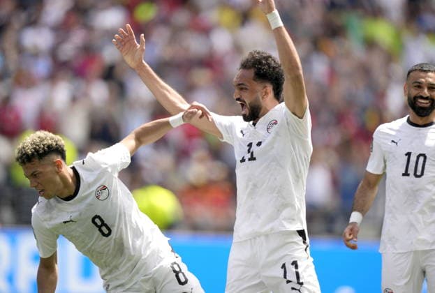 FIFA World Cup, WM, Weltmeisterschaft, Fussball 2026 - Group G - Belgium vs Egypt Emam Ashour (L) of Egypt celebrates with teammates after scoring the opening goal during the FIFA World Cup 2026 group stage match Belgium against Egypt, in Seattle, USA, 15 June 2026. SEATTLE United States  Copyright: xSTEPHENxBRASHEARx