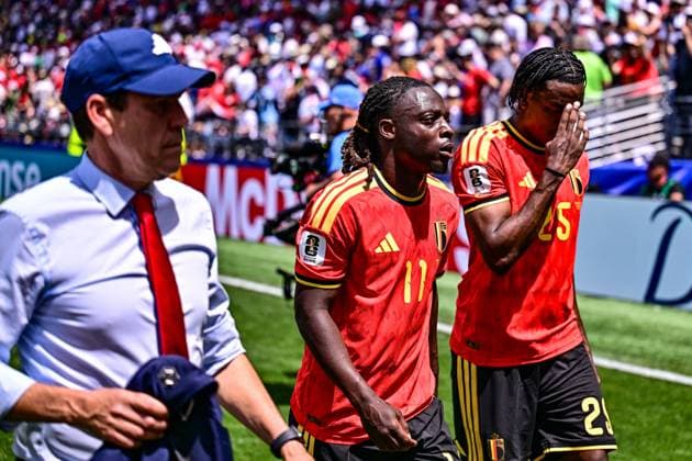 Belgium s head coach Rudi Garcia, Belgium s Jeremy Doku and Belgium s Nathan Ngoy pictured during a soccer game between Belgian national team, Nationalteam Red Devils and Egypt, on Monday 15 June 2026 in Seattle, the first game in the group stage of the FIFA World Cup, WM, Weltmeisterschaft, Fussball 2026 in the United States of America. The Diables Rouges - Rode Duivels were drawn into Group G. DIRKxWAEM  x177813127x