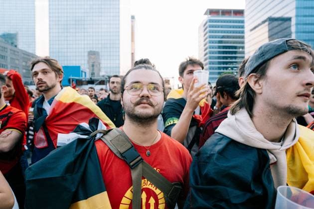 Supporters reacts as Belgian took a goal in the first half of a soccer game between Belgian national team, Nationalteam Red Devils and Egypt, on a big screen in Brussels, on Monday 15 June 2026, the first game in the group stage of the FIFA World Cup, WM, Weltmeisterschaft, Fussball 2026 in the United States of America. The Diables Rouges - Rode Duivels were drawn into Group G. MARIUS BURGELMAN MariusxBurgelman  x177813151x