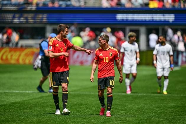 Belgium s Brandon Mechele and Belgium s Leandro Trossard pictured during a soccer game between Belgian national team, Nationalteam Red Devils and Egypt, on Monday 15 June 2026 in Seattle, the first game in the group stage of the FIFA World Cup, WM, Weltmeisterschaft, Fussball 2026 in the United States of America. The Diables Rouges - Rode Duivels were drawn into Group G. DIRKxWAEM  x177813188x