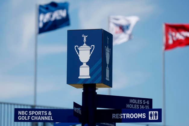 A U.S.Open Champion Trophy photo is displayed while players have a practice round on the Monday before the 126th U.S. Open Golf Championship at Shinnecock Hills Golf Club on Monday, June 15, 2026 in Southampton, New York.  NYP20260615310 JOHNxANGELILLO