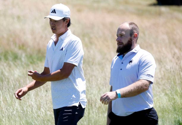 Brandon Wu and Tyrrell Hatton play a practice round on the Monday before the 126th U.S. Open Golf Championship at Shinnecock Hills Golf Club on Monday, June 15, 2026 in Southampton, New York.  NYP20260615311 JOHNxANGELILLO