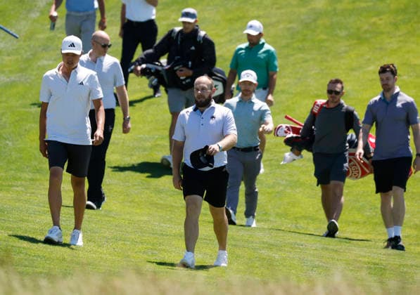 Brandon Wu and Tyrrell Hatton play a practice round on the Monday before the 126th U.S. Open Golf Championship at Shinnecock Hills Golf Club on Monday, June 15, 2026 in Southampton, New York.  NYP20260615312 JOHNxANGELILLO