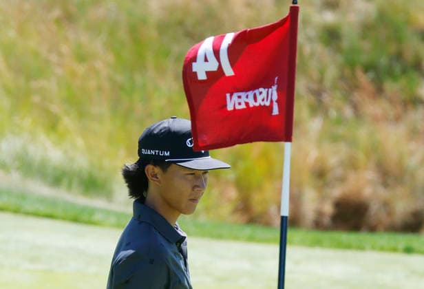 Ethan Fang stands on the 14th green while playing in a practice round on the Monday before the 126th U.S. Open Golf Championship at Shinnecock Hills Golf Club on Monday, June 15, 2026 in Southampton, New York.  NYP20260615316 JOHNxANGELILLO