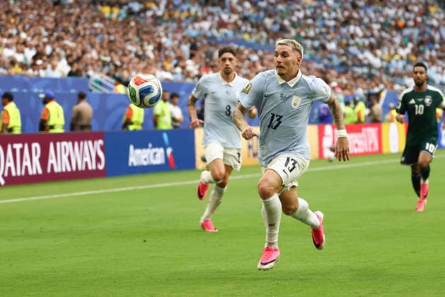 MIAMI GARDENS, FL - JUNE 15: Uruguay defender Guillermo Varela (13) runs down a pass int he first half during the FIFA World Cup, WM, Weltmeisterschaft, Fussball 2026 Group H match between Saudi Arabia and Uruguay on Monday, June 16, 2026 at Miami Stadium in Miami Gardens, FL (Photo by Peter Joneleit Icon Sportswire) SOCCER: JUN 15 FIFA World Cup 26 Group H - Saudi Arabia vs Uruguay EDITORIAL USE ONLY Icon260615012