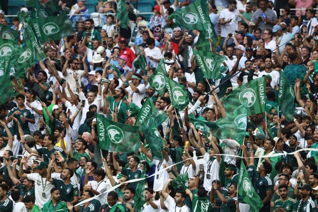 MIAMI GARDENS, FL - JUNE 15: Saudi Arabia fans celebrate a goal in the first half during the FIFA World Cup, WM, Weltmeisterschaft, Fussball 2026 Group H match between Saudi Arabia and Uruguay on Monday, June 16, 2026 at Miami Stadium in Miami Gardens, FL (Photo by Peter Joneleit Icon Sportswire) SOCCER: JUN 15 FIFA World Cup 26 Group H - Saudi Arabia vs Uruguay EDITORIAL USE ONLY Icon260615020