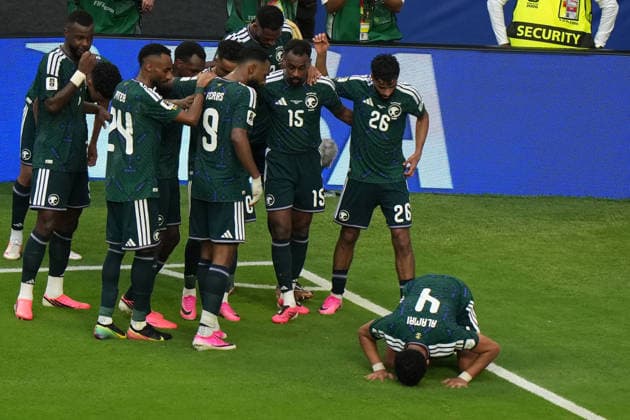Abdulelah Alamri (R) of Saudi Arabia celebrates after scoring during the FIFA World Cup, WM, Weltmeisterschaft, Fussball 2026 group stage H soccer match between Saudi Arabia and Uruguay at Hard Rock Stadium in Miami, USA, 15 June 2026. FIFA World Cup 2026 - Group H - Saudi Arabia vs Uruguay !ACHTUNG: NUR REDAKTIONELLE NUTZUNG!  Copyright: xALBERTOxBOALx GR2095 20260615-55020606725_1