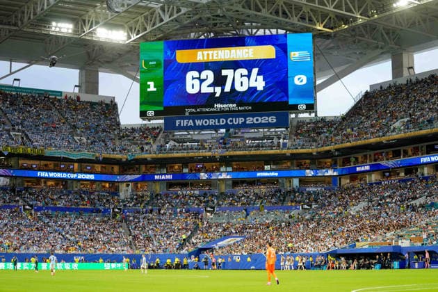 . Scoreboard with the attendance during the FIFA World Cup, WM, Weltmeisterschaft, Fussball 2026 Group H match between Saudi Arabia and Uruguay at Miami Stadium on June 15, 2026 in Miami, United States. (Photo by Alex Gottschalk DeFodi Images) -