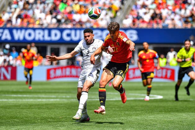 June 15, 2026: Egypt Defender Yasser Ibrahim (2) and Belgium Forward Charles De Ketelaere (17) battle for the ball during the FIFA World Cup, WM, Weltmeisterschaft, Fussball soccer match between Belgium and the Egypt in Seattle, WA. The match ended in a 1-1 draw. CSM Seattle United States - ZUMAc04_ 20260615_zma_c04_009 Copyright: xStevexFaberx