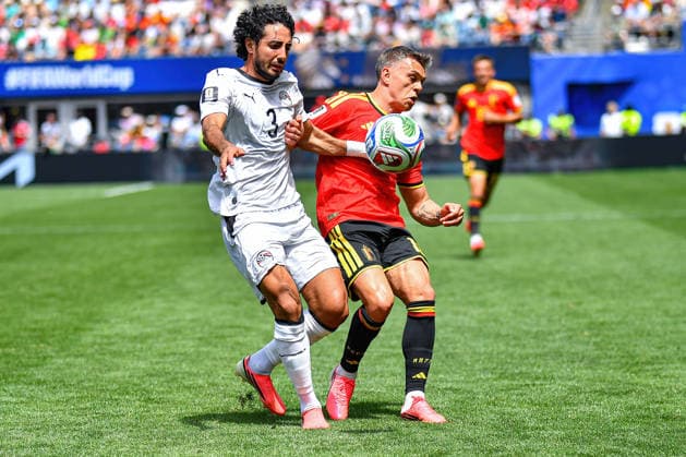 June 15, 2026: Belgium Forward Leandro Trossard (10) and Egypt Defender Mohamed Hany (3) late in the the FIFA World Cup, WM, Weltmeisterschaft, Fussball soccer match between Belgium and the Egypt in Seattle, WA. The match ended in a 1-1 draw. CSM Seattle United States - ZUMAc04_ 20260615_zma_c04_021 Copyright: xStevexFaberx