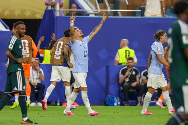 MIAMI GARDENS, FL - JUNE 15: Maximiliano Araujo 20 of Uruguay celebrates a goal during a FIFA World Cup, WM, Weltmeisterschaft, Fussball 2026 Group H match between Saudi Arabia and Uruguay on June 15, 2026 at Miami Stadium, in Miami Gardens, Fla.(Photo by Chris Arjoon Icon Sportswire) SOCCER: JUN 15 FIFA World Cup 26 Group H - Saudi Arabia vs Uruguay EDITORIAL USE ONLY Icon26061500100035