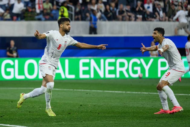 260615 Mohammad Mohebbi and Mehdi Taremi of Iran celebrates after scoring 2-2 during the FIFA World Cup, WM, Weltmeisterschaft, Fussball 2026 football match between Iran and New Zealand on June 15, 2026 in Los Angeles. Photo: Joel Marklund BILDBYRAN kod JM JM0824 bbeng fotboll football soccer fotball vm fotbolls-vm fotball-vm fotbolls-vm 2026 fifa world cup 2026 iran nya zeeland new zealand jubel