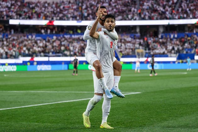 260615 Mehdi Ghayedi and Mohammad Mohebbi of Iran celebrate after 2-2 during the FIFA World Cup, WM, Weltmeisterschaft, Fussball 2026 football match between Iran and New Zealand on June 15, 2026 in Los Angeles. Photo: Joel Marklund BILDBYRAN kod JM JM0824 bbeng fotboll football soccer fotball vm fotbolls-vm fotball-vm fotbolls-vm 2026 fifa world cup 2026 iran nya zeeland new zealand jubel