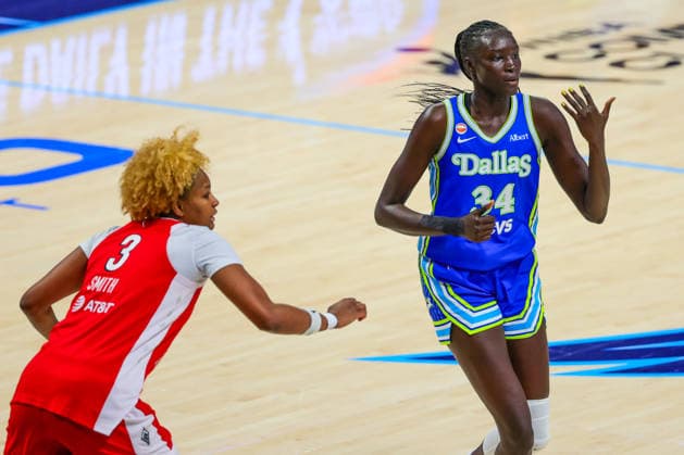 June 15, 2026, Arlington, Texas, USA: ARLINGTON, TX : Dallas Wings forward Awak Kuier (34) signals to a teammate as Las Vegas Aces forward Nalyssa Smith (3) guards during their Commissioner CupÃ¢â‚¬â ¢s game at College Park Center in Arlington on Wednesday night. Arlington USA - ZUMAm257 20260615_zsp_m257_009 Copyright: xBrianxMcLeanx