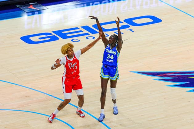 June 15, 2026, Arlington, Texas, USA: ARLINGTON, TX : Dallas Wings forward Awak Kuier (34) attempts a three point shot as Las Vegas Aces forward Nalyssa Smith (3) guards during their Commissioner CupÃ¢â‚¬â ¢s game at College Park Center in Arlington on Wednesday night. Arlington USA - ZUMAm257 20260615_zsp_m257_015 Copyright: xBrianxMcLeanx