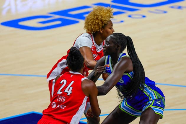 June 15, 2026, Arlington, Texas, USA: ARLINGTON, TX : Dallas Wings forward Awak Kuier (34) guards against Las Vegas Aces guard Jewell Loyd (24) and Las Vegas Aces forward Nalyssa Smith (3) during their Commissioner CupÃ¢â‚¬â ¢s game at College Park Center in Arlington on Wednesday night. Arlington USA - ZUMAm257 20260615_zsp_m257_031 Copyright: xBrianxMcLeanx
