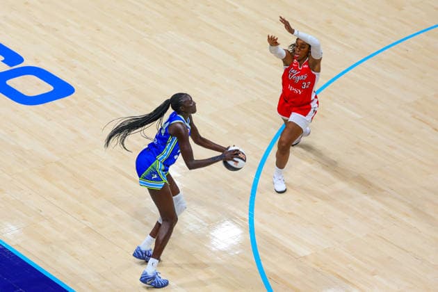 June 15, 2026, Arlington, Texas, USA: ARLINGTON, TX : Dallas Wings forward Awak Kuier (34) attempts to make a three pointer as Las Vegas Aces forward Cheyenne Parker-Tyus (32) defends during their Commissioner CupÃ¢â‚¬â ¢s game at College Park Center in Arlington on Wednesday night. Arlington USA - ZUMAm257 20260615_zsp_m257_032 Copyright: xBrianxMcLeanx