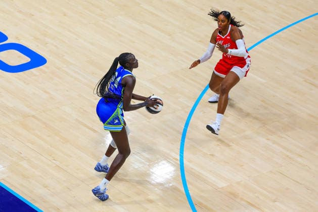 June 15, 2026, Arlington, Texas, USA: ARLINGTON, TX : Dallas Wings forward Awak Kuier (34) attempts to make a three pointer as Las Vegas Aces forward Cheyenne Parker-Tyus (32) defends during their Commissioner CupÃ¢â‚¬â ¢s game at College Park Center in Arlington on Wednesday night. Arlington USA - ZUMAm257 20260615_zsp_m257_046 Copyright: xBrianxMcLeanx