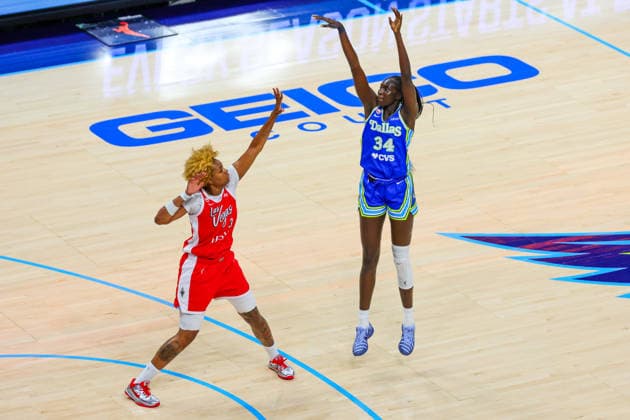 June 15, 2026, Arlington, Texas, USA: ARLINGTON, TX : Dallas Wings forward Awak Kuier (34) attempts a three point shot as Las Vegas Aces forward Nalyssa Smith (3) guards during their Commissioner CupÃ¢â‚¬â ¢s game at College Park Center in Arlington on Wednesday night. Arlington USA - ZUMAm257 20260615_zsp_m257_049 Copyright: xBrianxMcLeanx