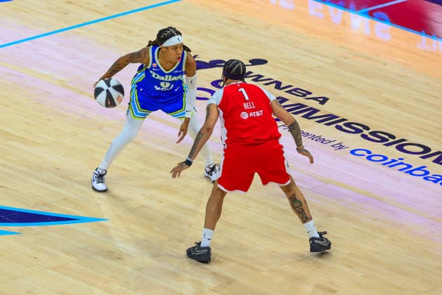 June 15, 2026, Arlington, Texas, USA: ARLINGTON, TX : Dallas Wings forward Amy Okonkwo (0) looks for an open teammate as Las Vegas Aces forward Kierstan Bell (1) defends during their Commissioner CupÃ¢â‚¬â ¢s game at College Park Center in Arlington on Wednesday night. Arlington USA - ZUMAm257 20260615_zsp_m257_052 Copyright: xBrianxMcLeanx