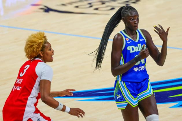 June 15, 2026, Arlington, Texas, USA: ARLINGTON, TX : Dallas Wings forward Awak Kuier (34) signals to a teammate as Las Vegas Aces forward Nalyssa Smith (3) guards during their Commissioner CupÃ¢â‚¬â ¢s game at College Park Center in Arlington on Wednesday night. Arlington USA - ZUMAm257 20260615_zsp_m257_053 Copyright: xBrianxMcLeanx